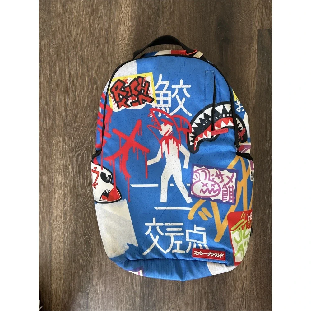 Sprayground Japanese Street Sign Backpack Limited Edition Blue Graffiti Shark